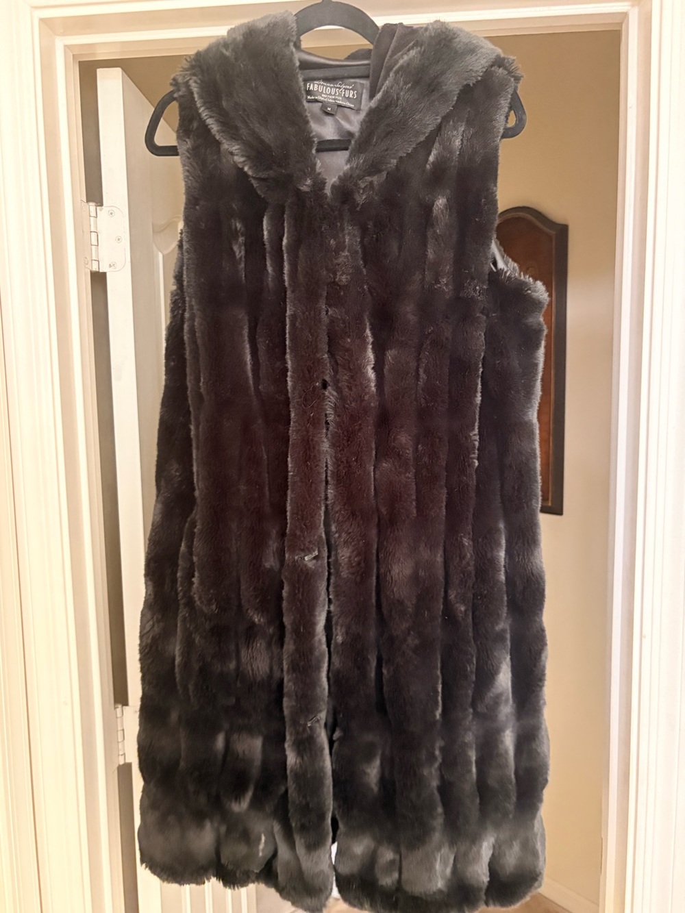 Rare Find! Fabulous Furs Black Lined Hooded Long Couture Line Vest SZ M